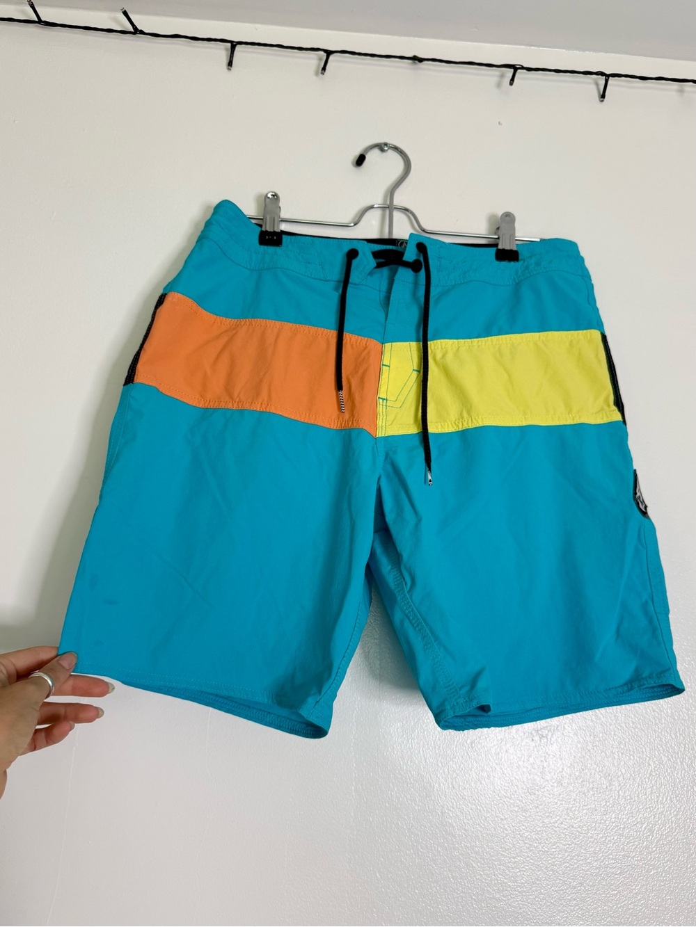 Volcom Turquoise Swim Board Shorts with Orange & Yellow Panels